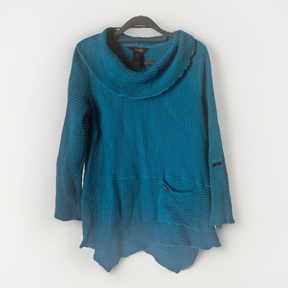Ali Miles Medium Tunic Cowl Neck Blue Button Details Waffle Taupe Top - Picture 1 of 8